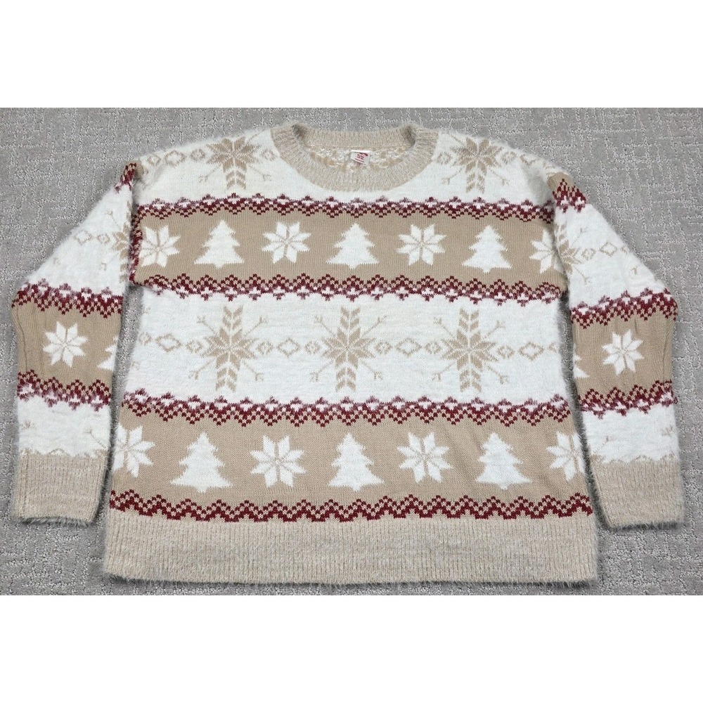 Holiday Time Christmas Winter‎ Holiday Sweater Fuzzy Snowflake Tan Red White XL
